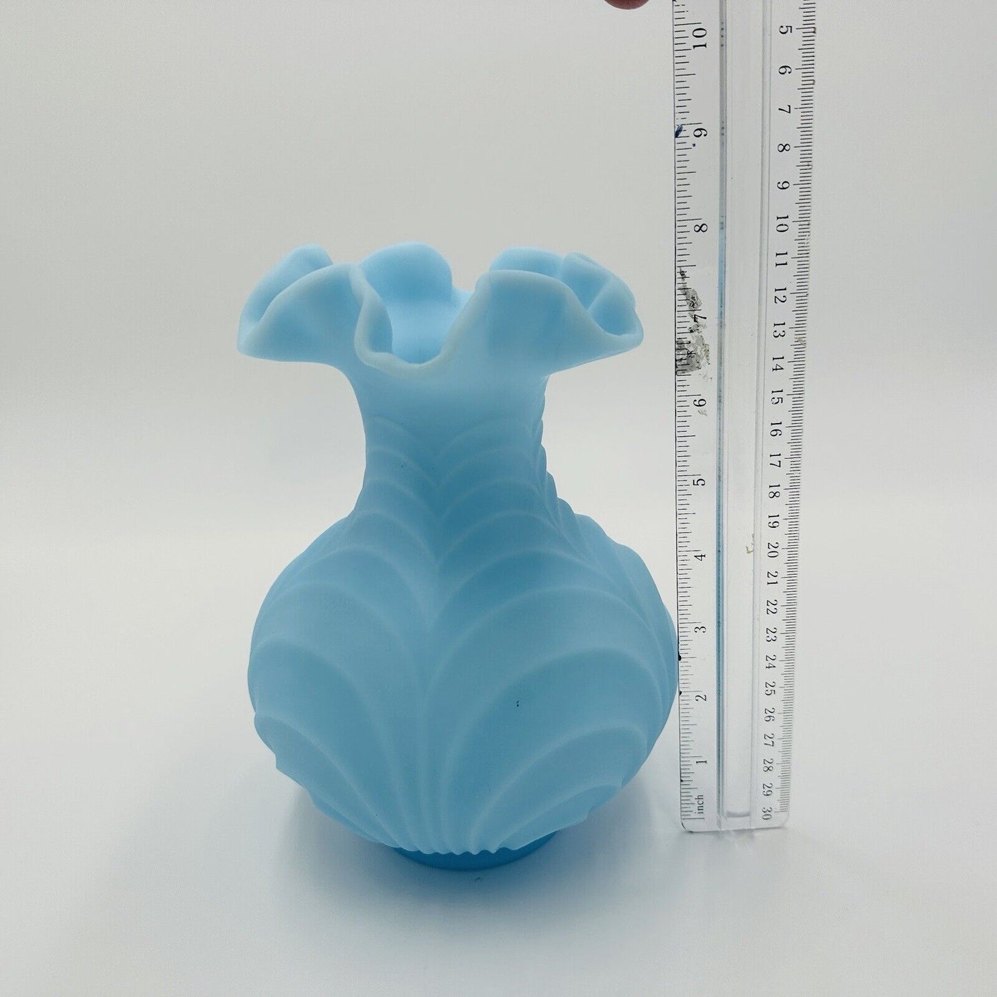 Fenton Vase Powder Blue Drapery Style Ruffled Satin Glass Top Large Vintage