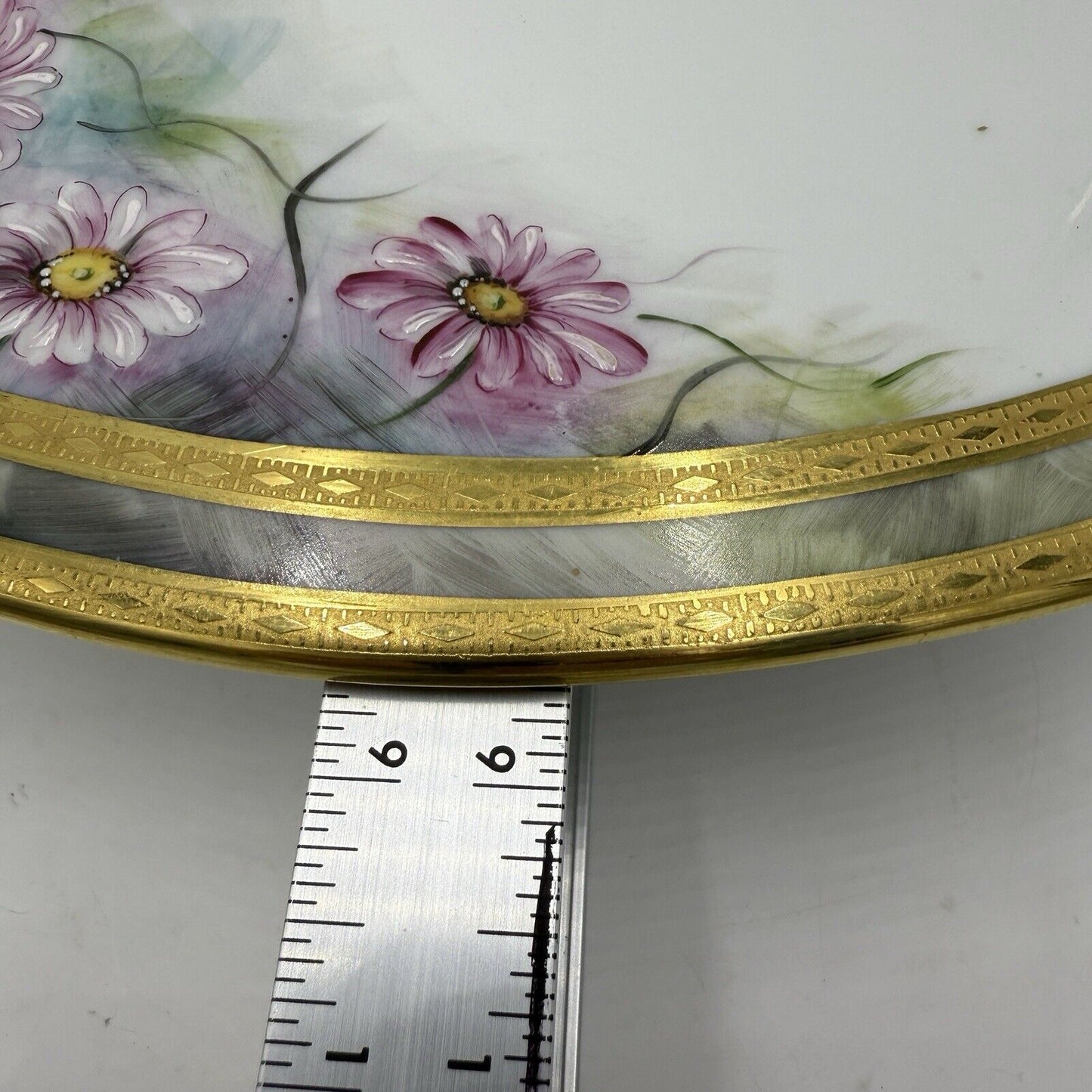 Royal Limoges France Painted Oval Floral Plaque Pink Gold Rim 12”x9” Porcelain