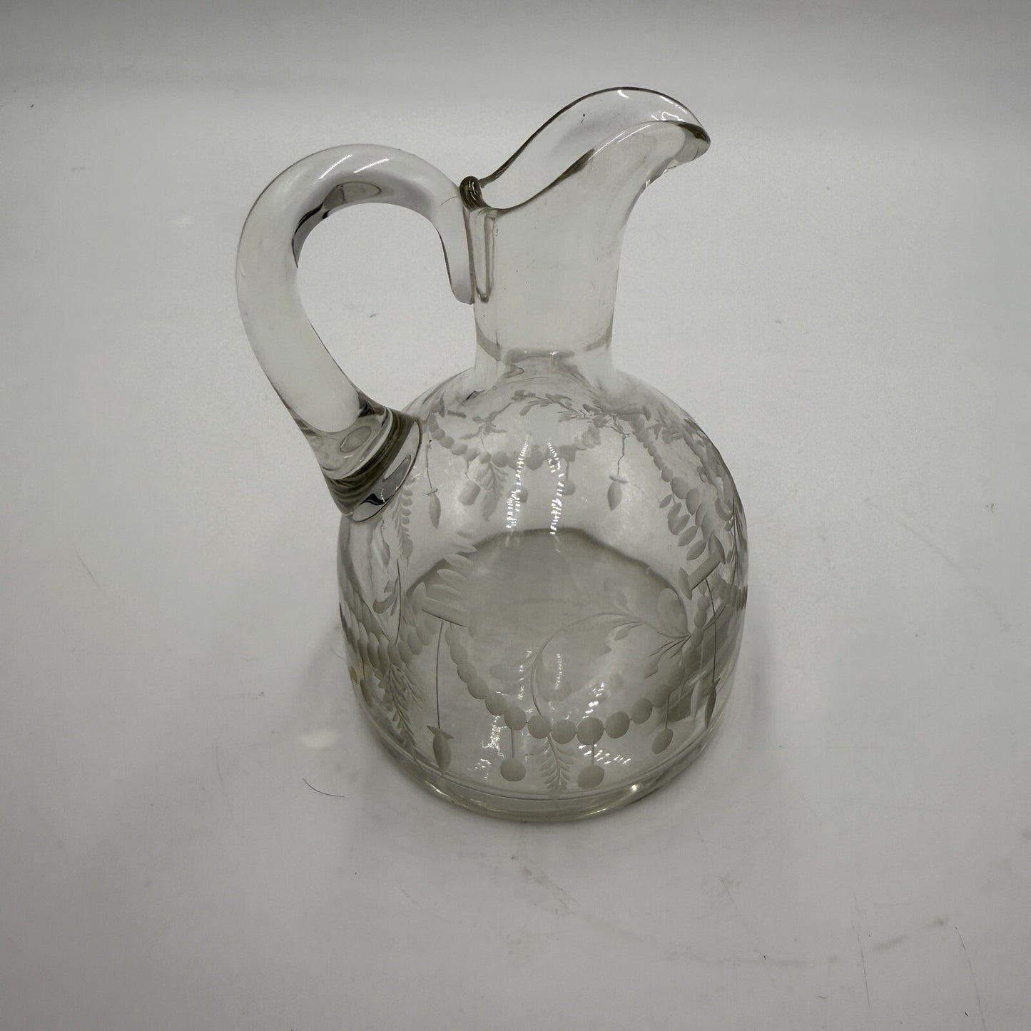 Antique Hawkes Etched Oil & Vinegar pitcher W/ Glass Stopper Rare Signed 5.5in
