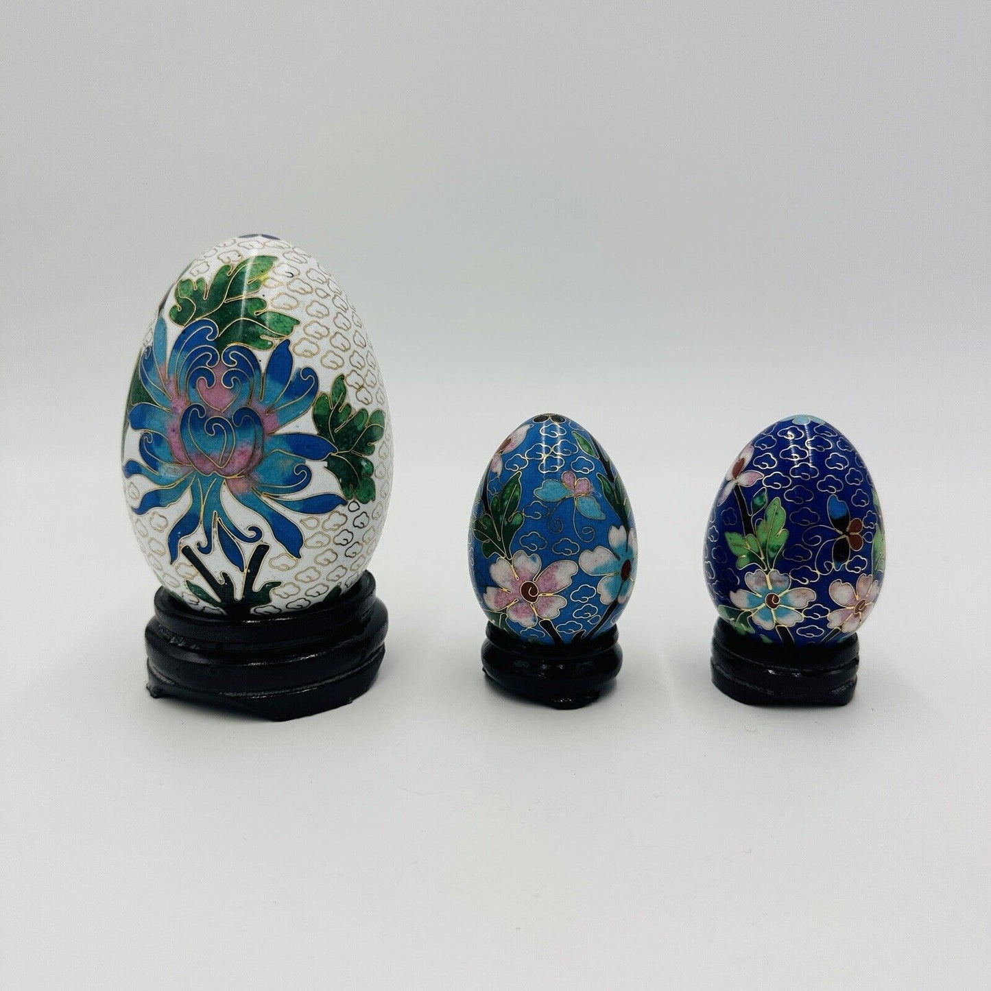 Cloisonné Chinese Easter Eggs Enamel Floral Butterfly Set Set of 3 Vintage