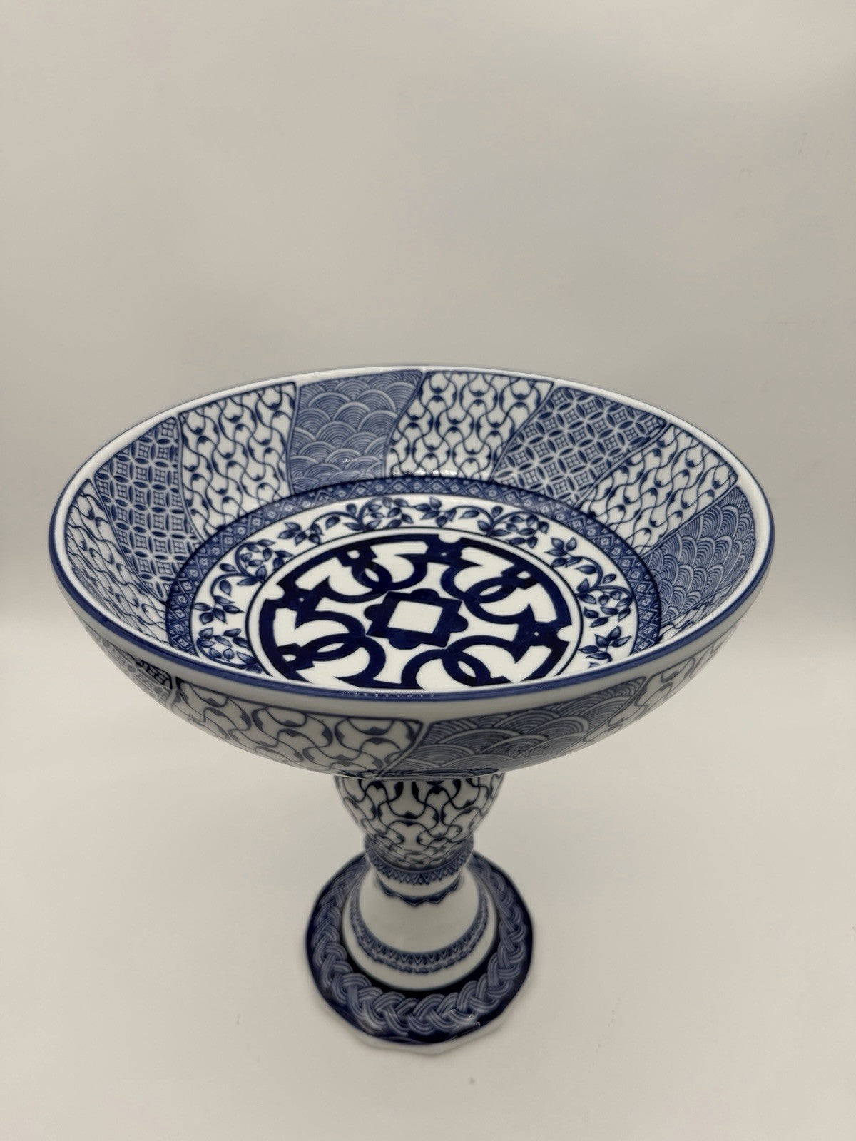 Bombay Company Blue & White Porcelain Compote Pedestal Bowl Footed 12”H X11”w
