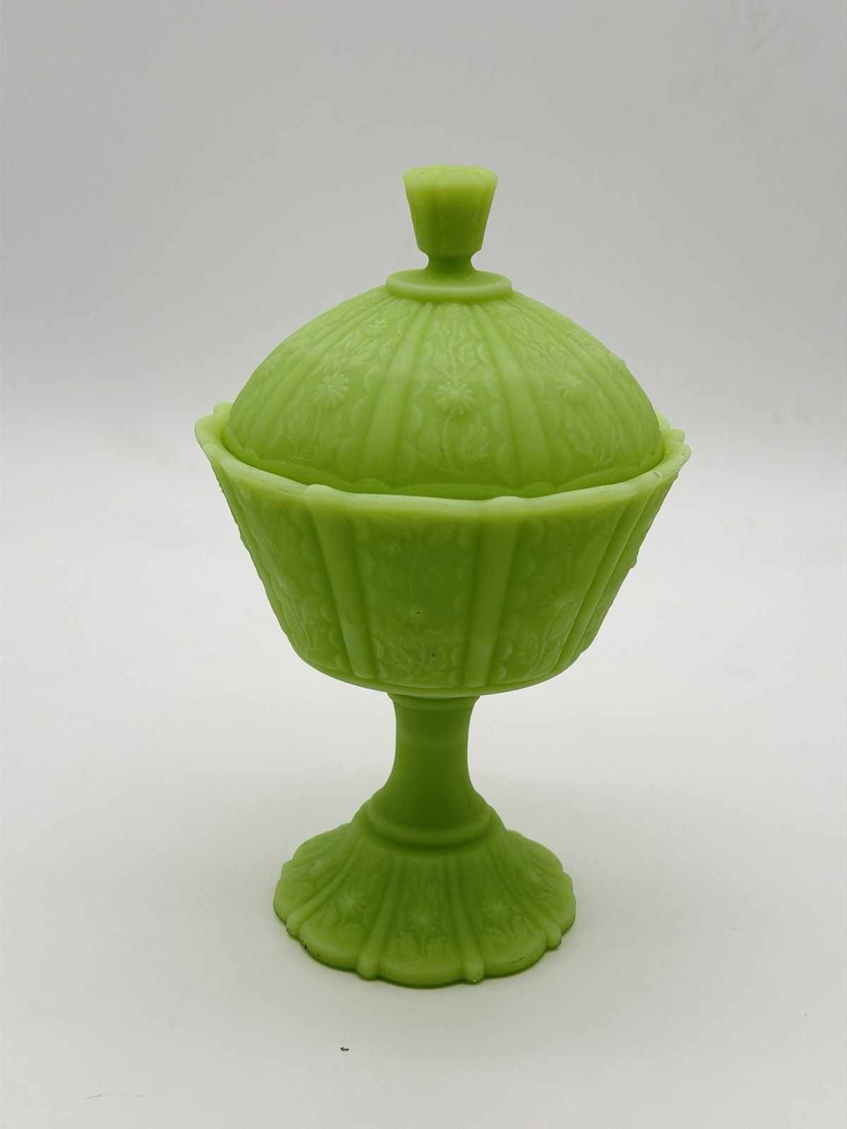 Fenton Art Glass Lime Green Satin Custard Compote Candy Dish Daisy Uranium 9”