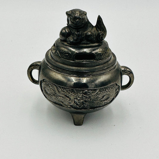 Japanese Foo Dog Incense Burner Black Bronze Vintage 4in Tall Lidded Metal Decor