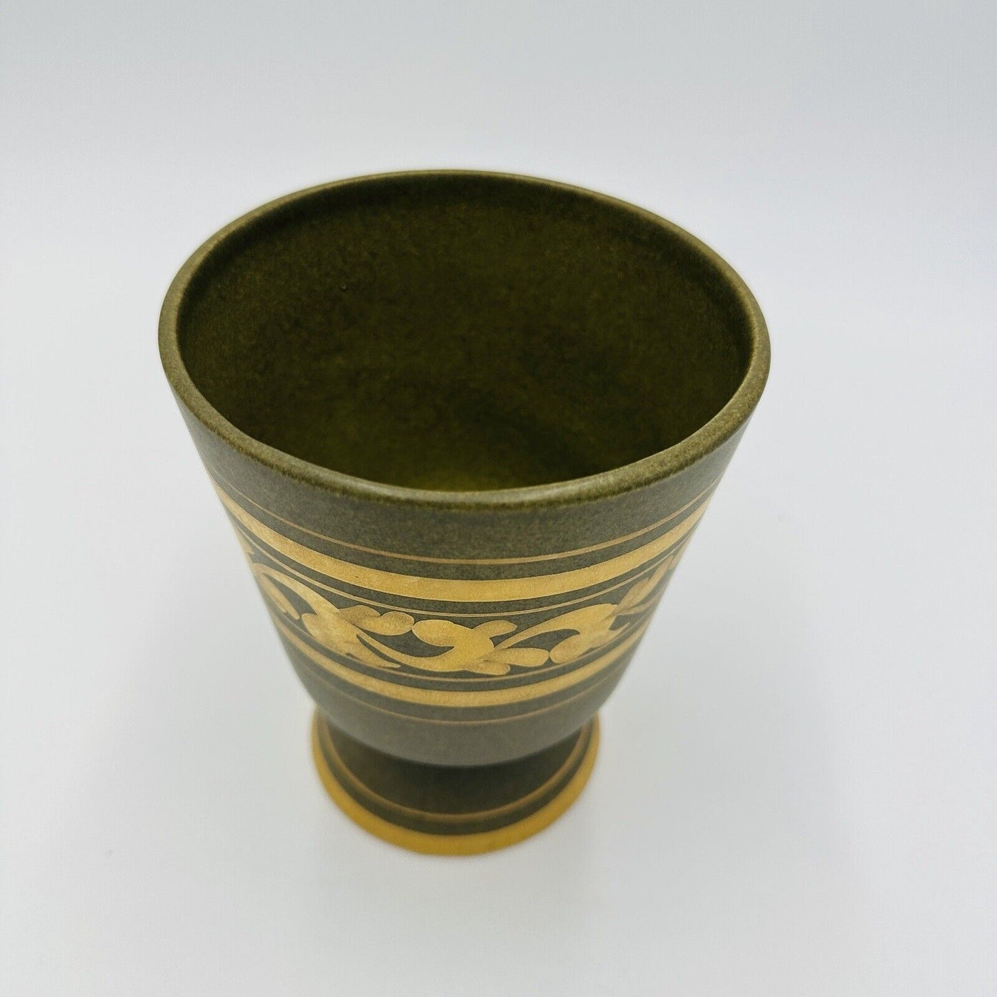 Vee Jackson Vase California Pottery Footed Planter Green Gold Trim MCM