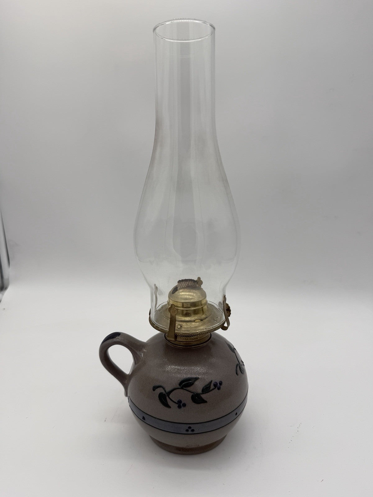Rare Rowe Pottery Works Salt Glazed USA Oil Lamp Floral Pattern Painted 15”