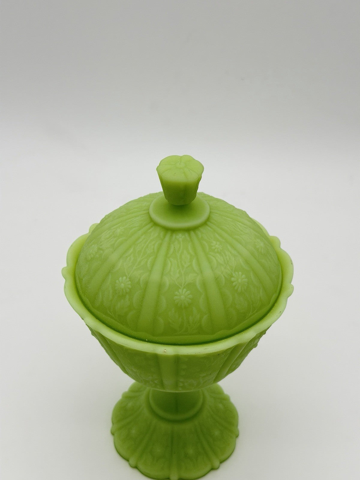 Fenton Art Glass Lime Green Satin Custard Compote Candy Dish Daisy Uranium 9”