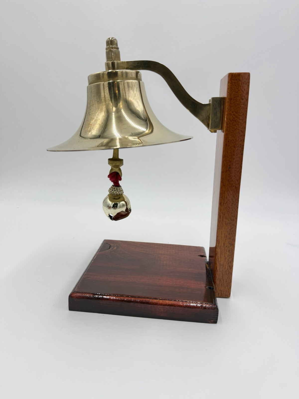 Vintage Brass Fog Tabletop Bell Boat Marine Nautical Hardware USA Wood Base