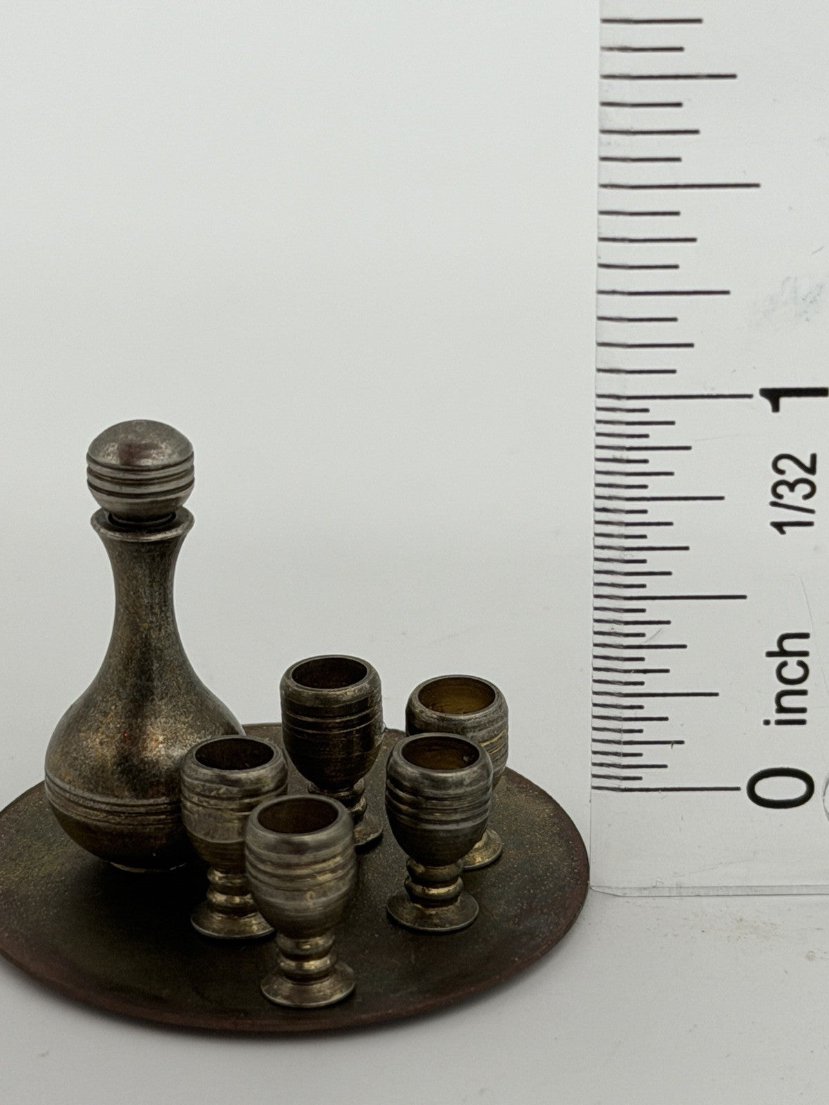 Vintage Dollhouse Miniature Brass 7pc Wine Set Tray Mini Goblets & Decanter 1:12