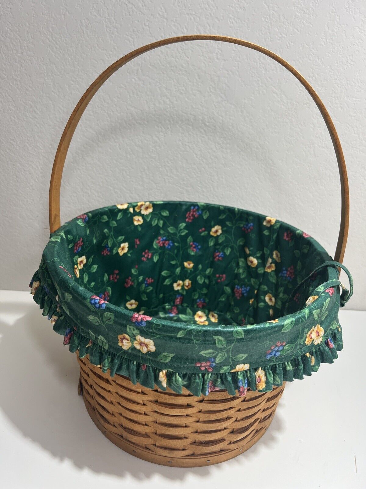 Longaberger Basket Liner Large Handle Round Green Floral 1996 Vintage Retired