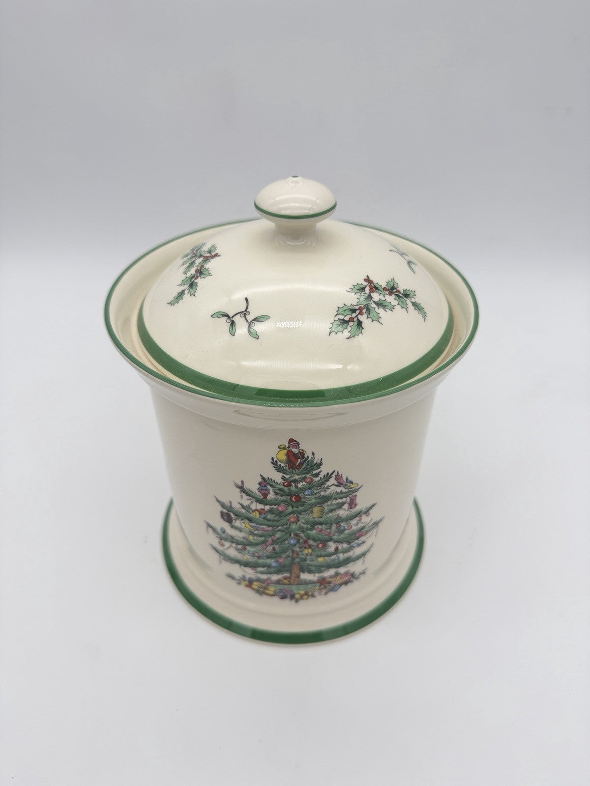 Spode Christmas Tree Canister Cookie Jar W/Rubber Seal On Lid 9”H Vtg England