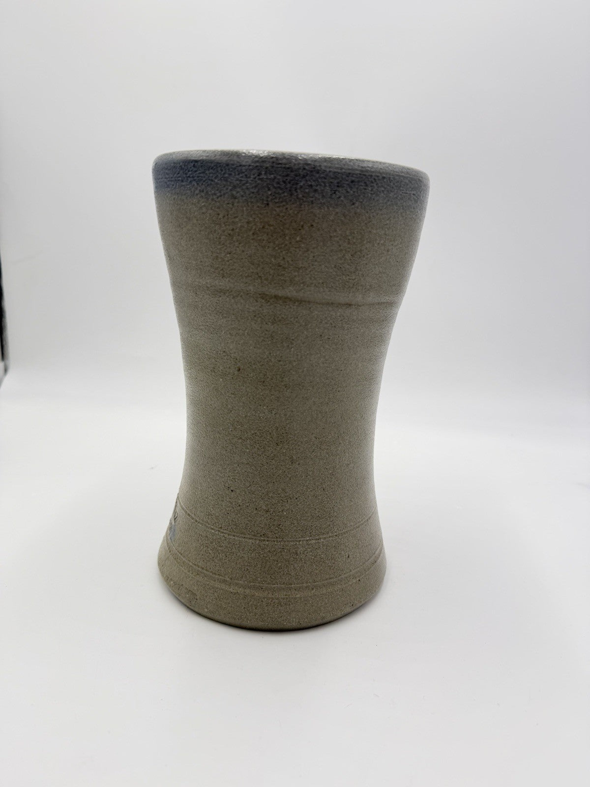 1995 Rowe Pottery Works Stoneware Blue Flowers  Design Salt Glaze Flower Vase 9”