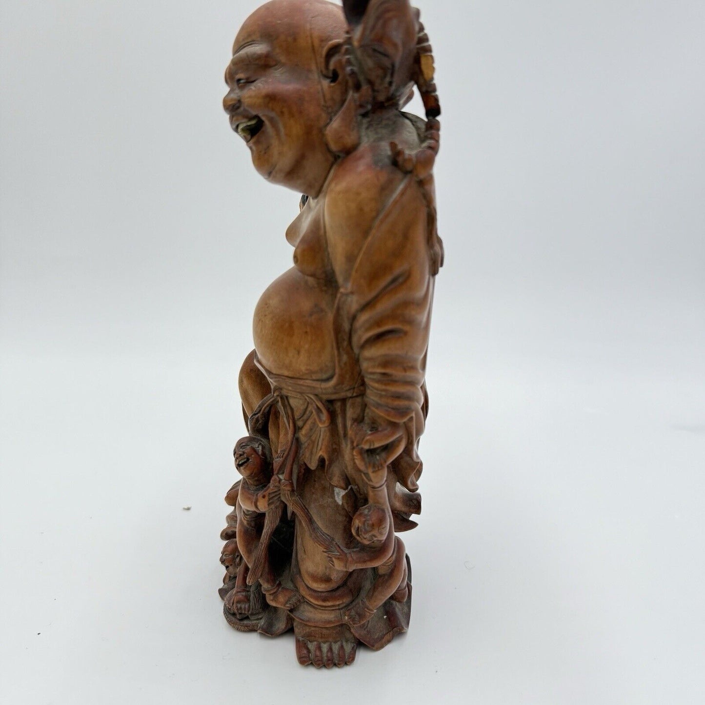 Antique Fine Hand Carved Laughing Buddha Chinese Figurine Folk Art 9.5” Solid