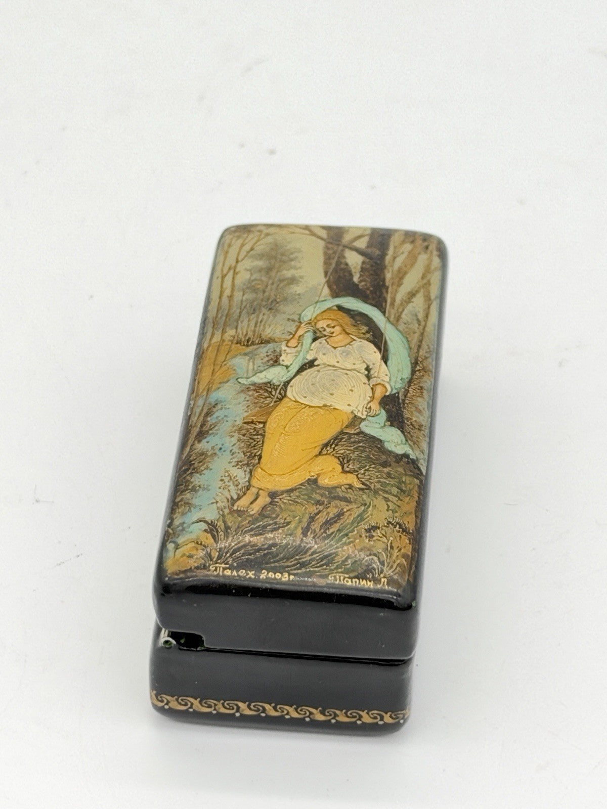 handpainted Russian lacquer miniature trinket box Palekh signed Lapin L Folk Art