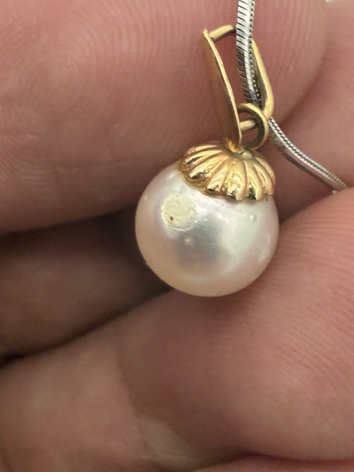 14k White Gold Snake Chain & 18K Gold Pearl Accent Pendant Necklace 3.5g