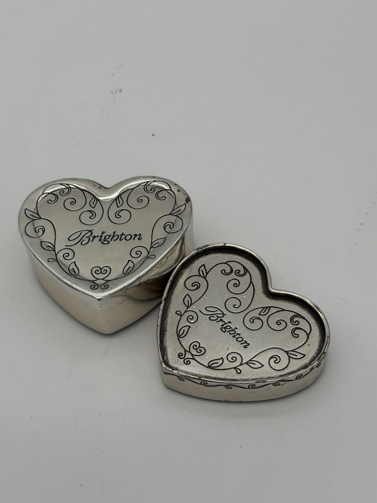 Vintage Brighton Silver Tone Trinket Box Heart Shape Leather Accents Jewelry Box