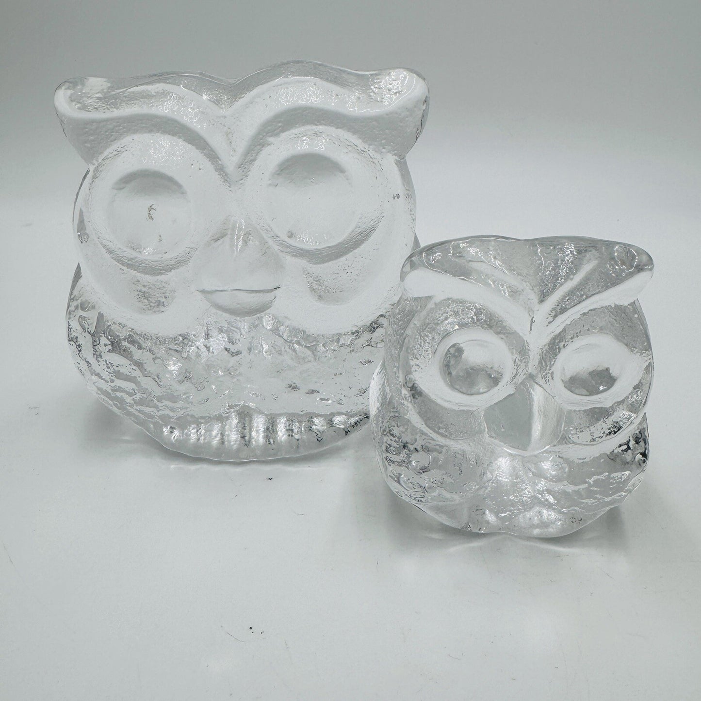 Skruf Sweden art glass owls figurines frosted  Signed 1974 MCM