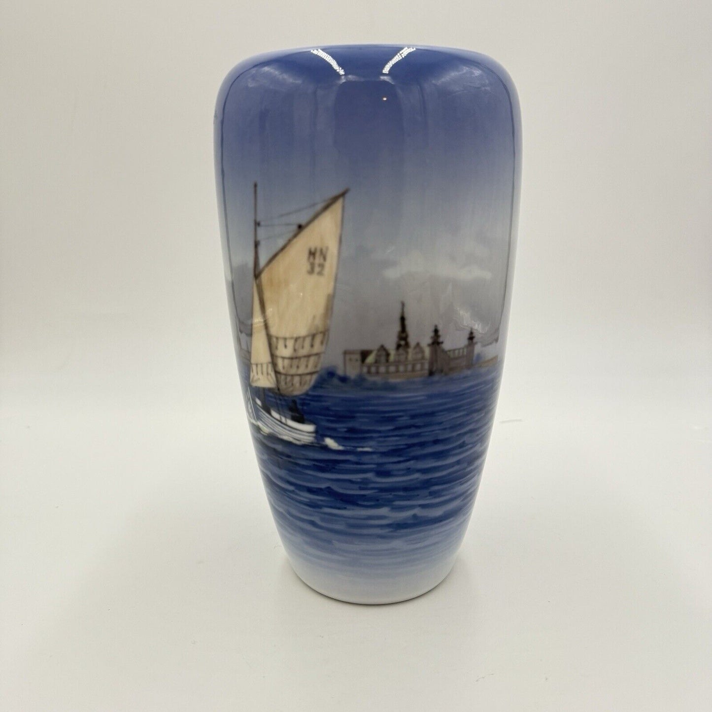 Royal Copenhagen Porcelain Denmark Nautical Boat Ocean Painting Vase 9” Vintage