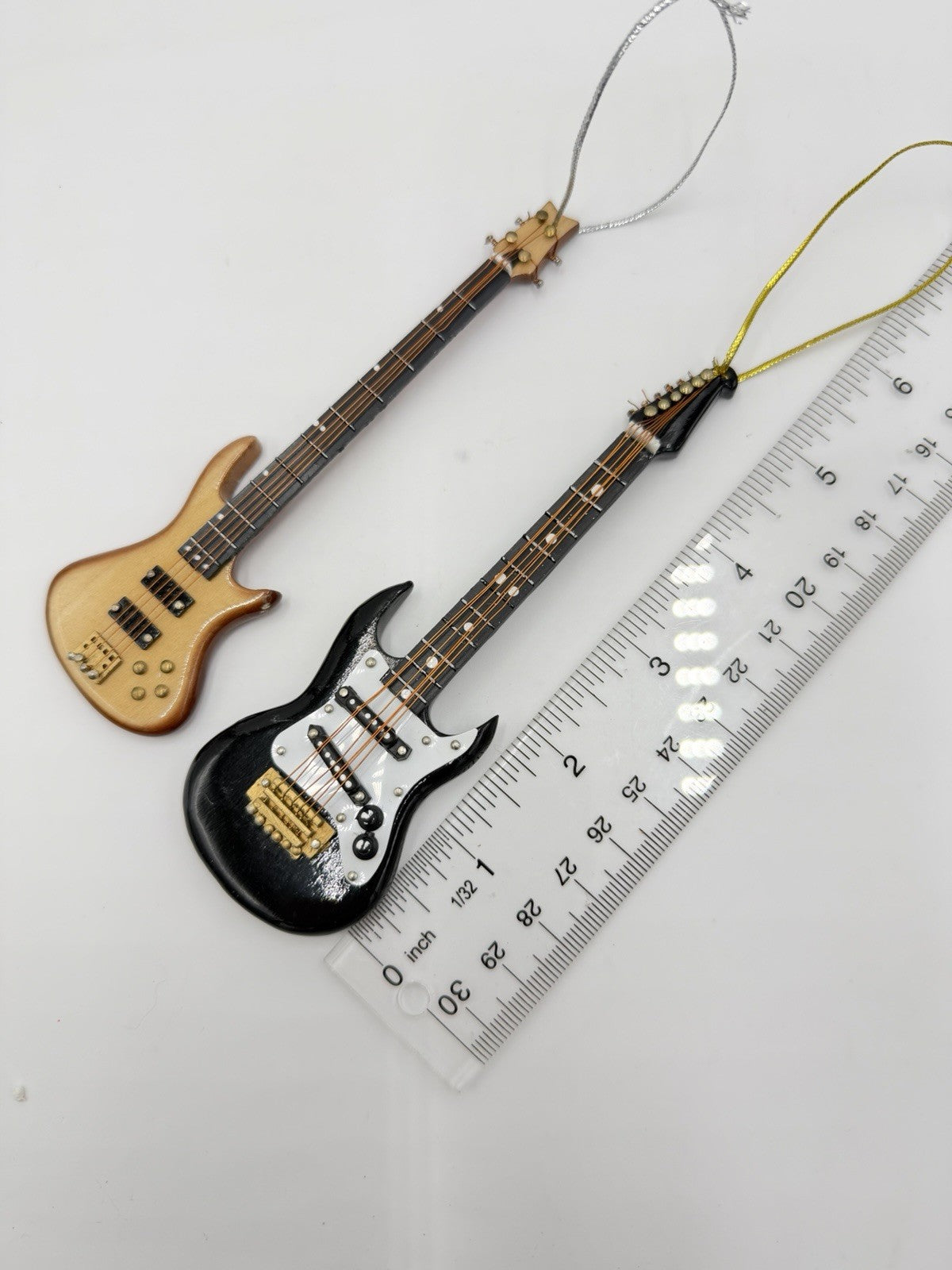 Folk Art Wooden Miniature Electric Guitar & Bass Christmas Ornaments 5”