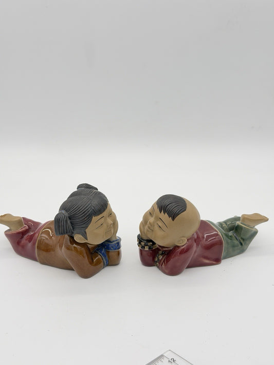 Vintage Chinese Japanese Pottery Painted Glazed Pair Boy & Girl Figurines