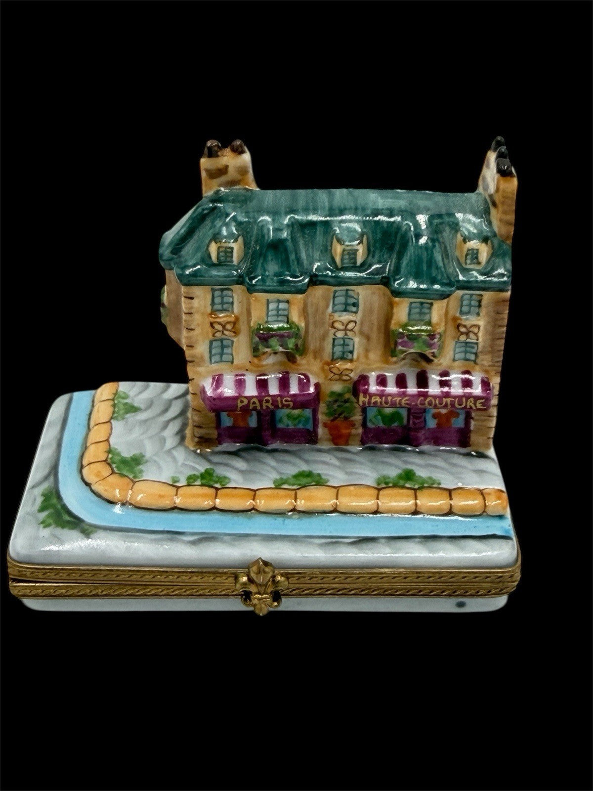 Limoges Porcelain Trinket Box Signed France Paris Street with Shops & Apartments