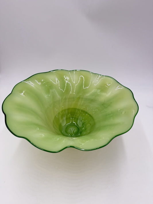 Rick Strini Art Glass Signed Green Lime Iridescent Swirl Bowl 2001 5.5”Hx12”W