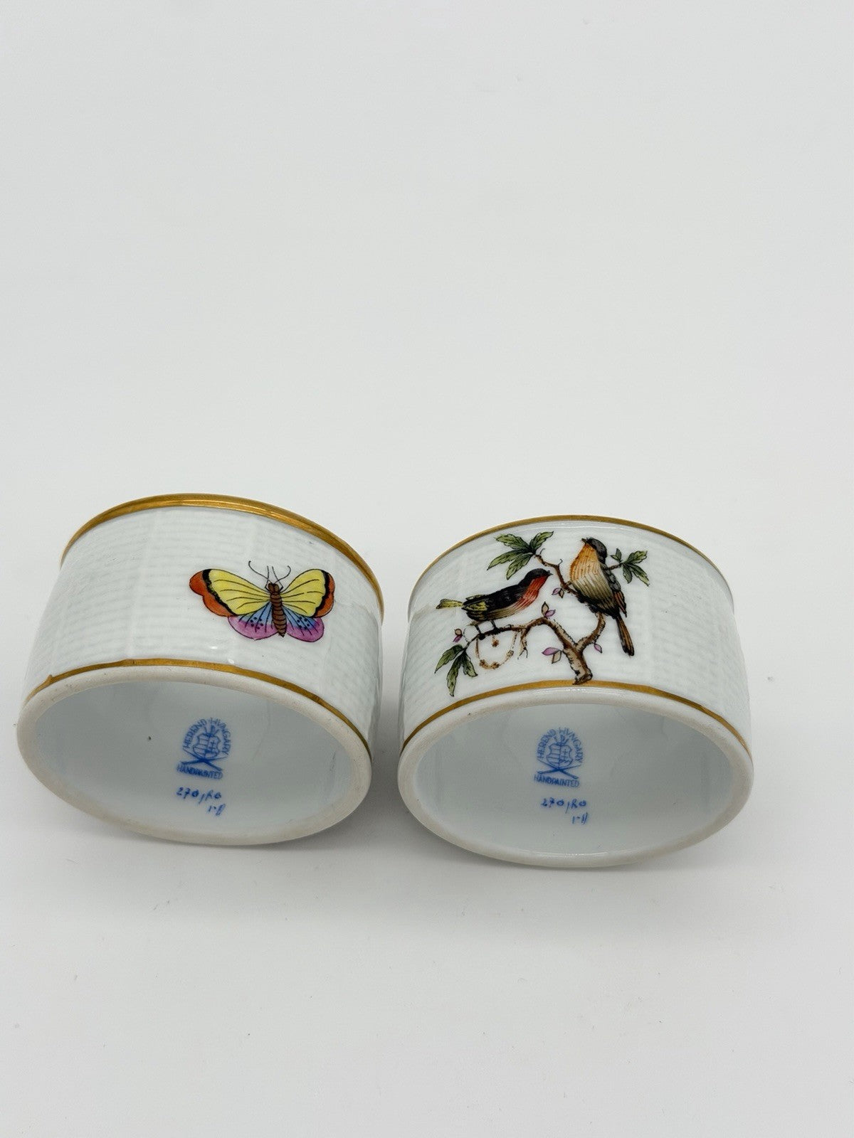 Herend Hungary Rothschild Napkin Rings Porcelain Vintage Painted Birds Butterfly