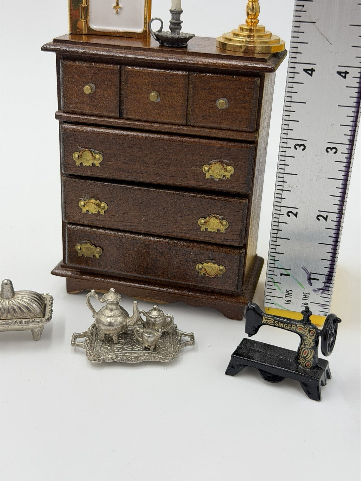 Vintage Dollhouse Furniture Miniature Lot Drawer Bible Clock Tea Set Table
