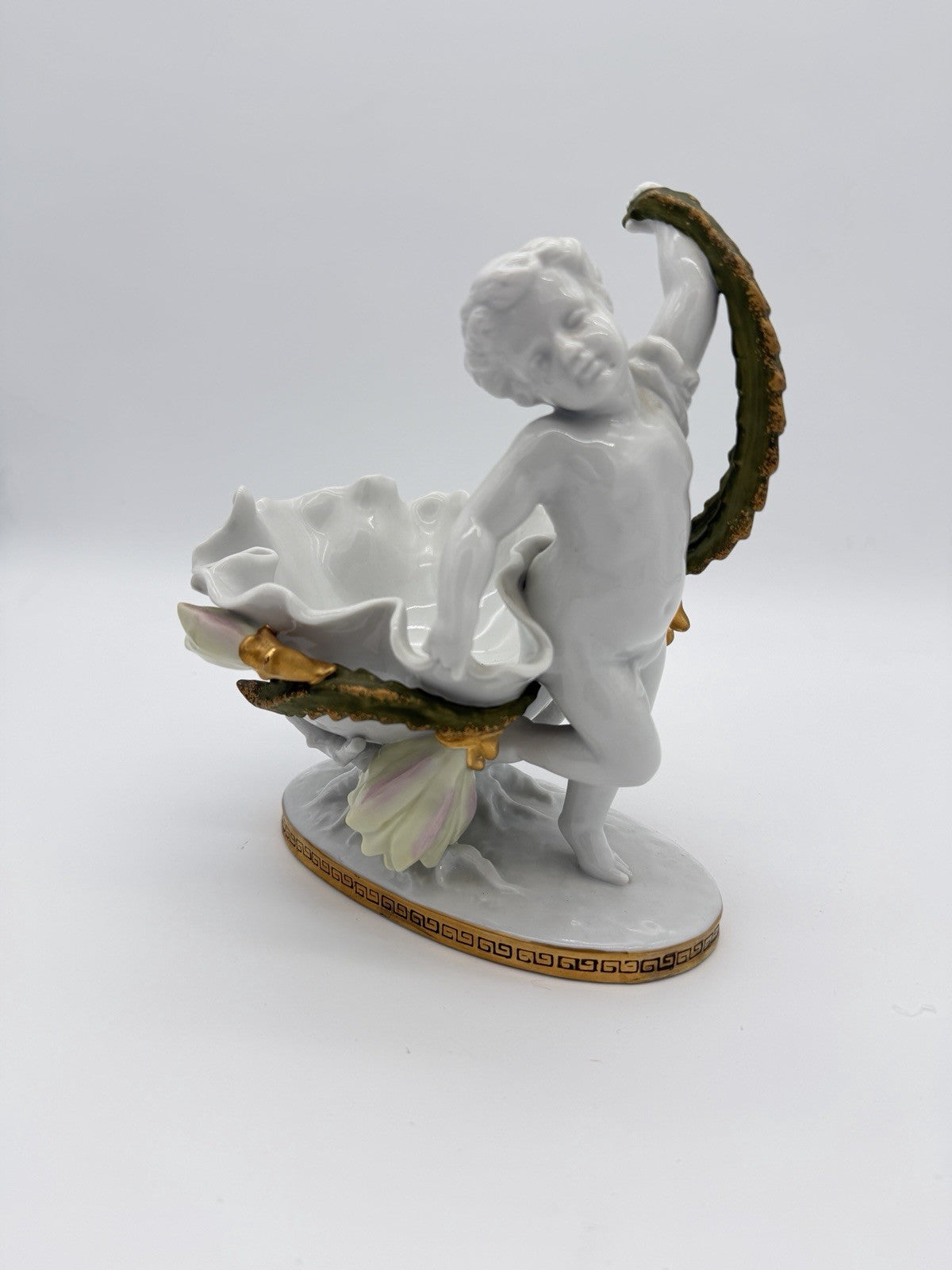 Antique Moore Bros White/Gold Trim Orchid Porcelain Putti Cherub Bowl Sculpture