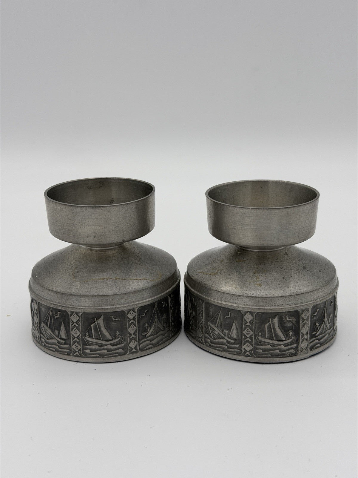 Selandia Norway Pewter Short Candlestick 1960’s Nautical Sailing Boat 2.5”H Pair