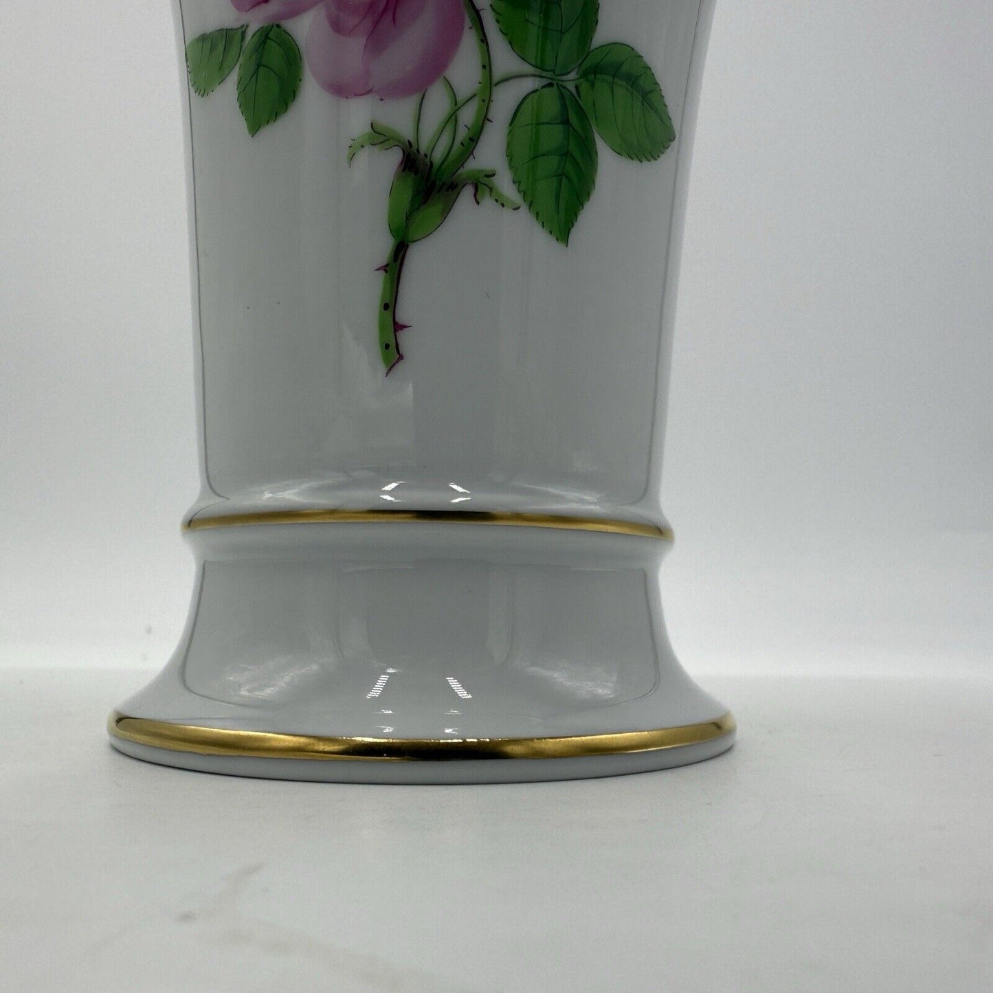 Antique Meissen Vase Pink Rose Trumpet Shaped Painted 5.5” Gold Rim Porcelain