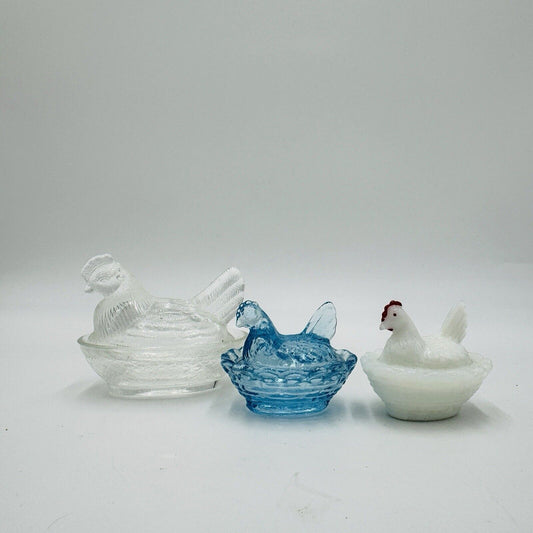 Vintage Art Glass Hen On Nest Mini Chicken Lidded Set