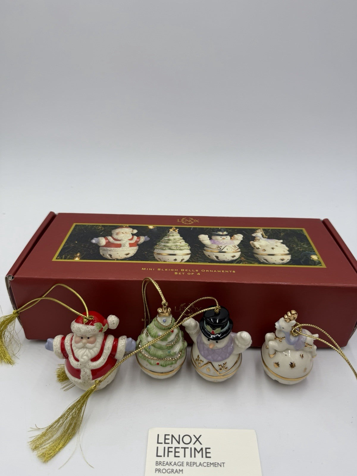 Lenox Porcelain USA Mini Sleigh Bells Ornaments Set Of 4 Reindeer Santa Snowman