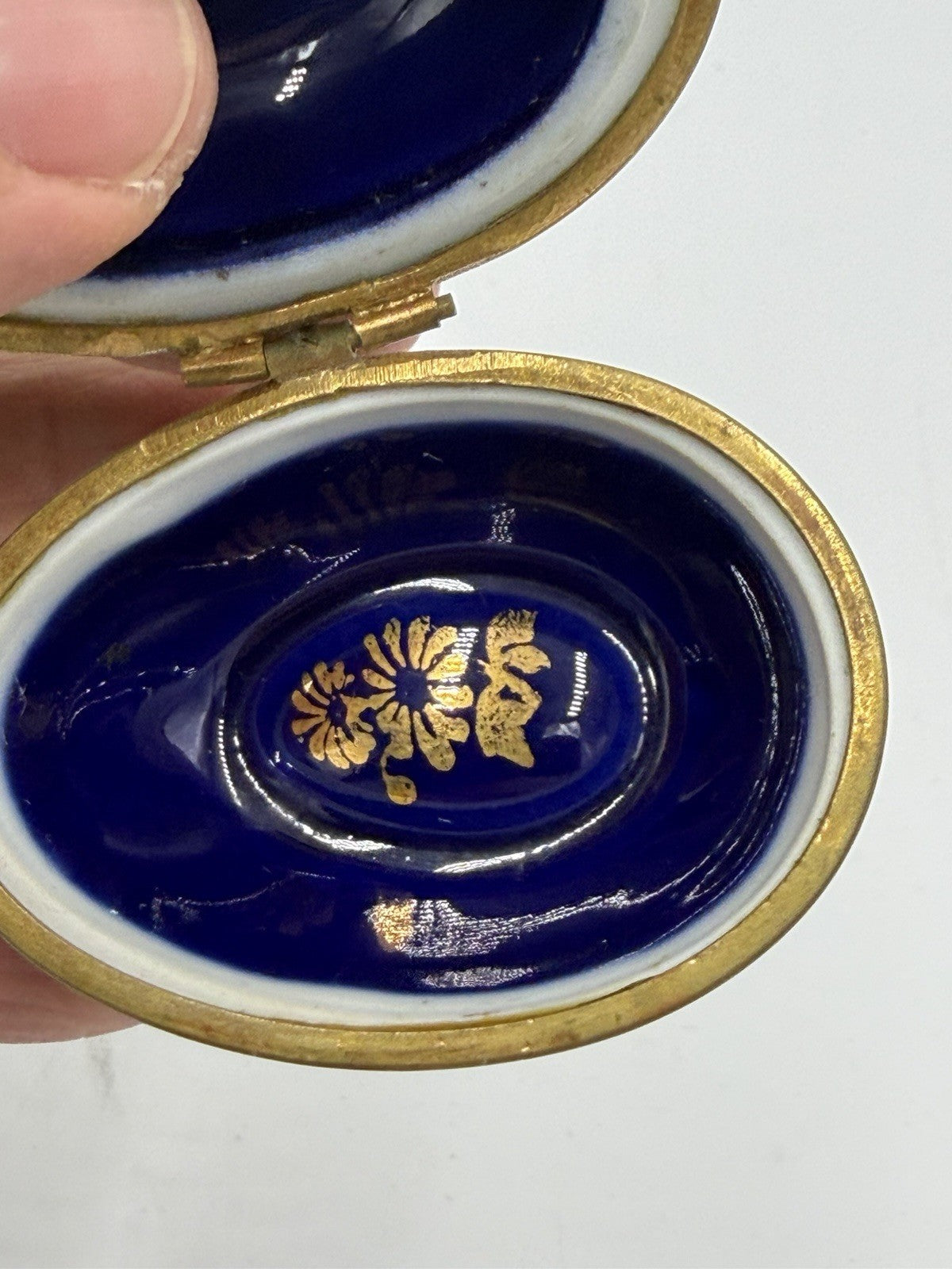Limoges France Cobalt Blue Gold Courting Couple Porcelain Egg Trinket Box
