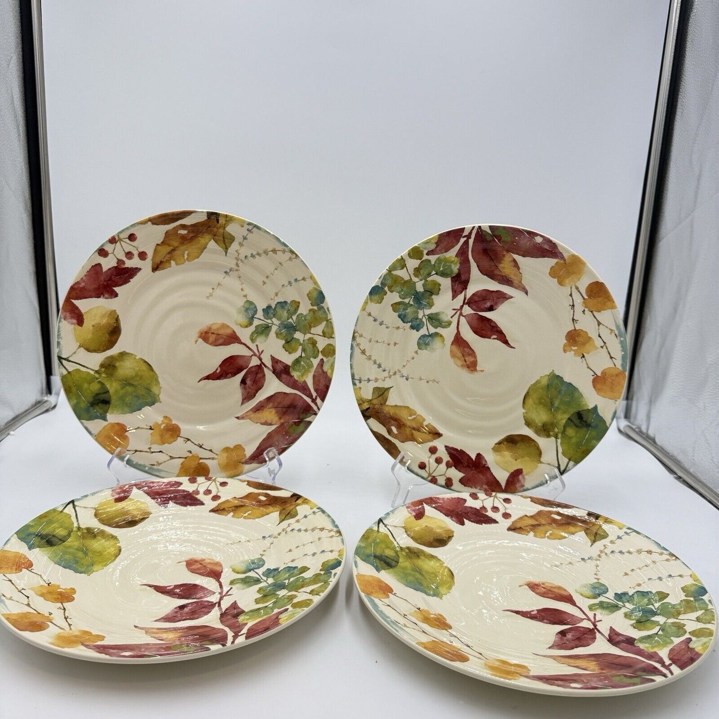 Pier 1 Imports WILLOW Dinner Plates Set 4 11” Fall Leaves Ironstone Ceramic