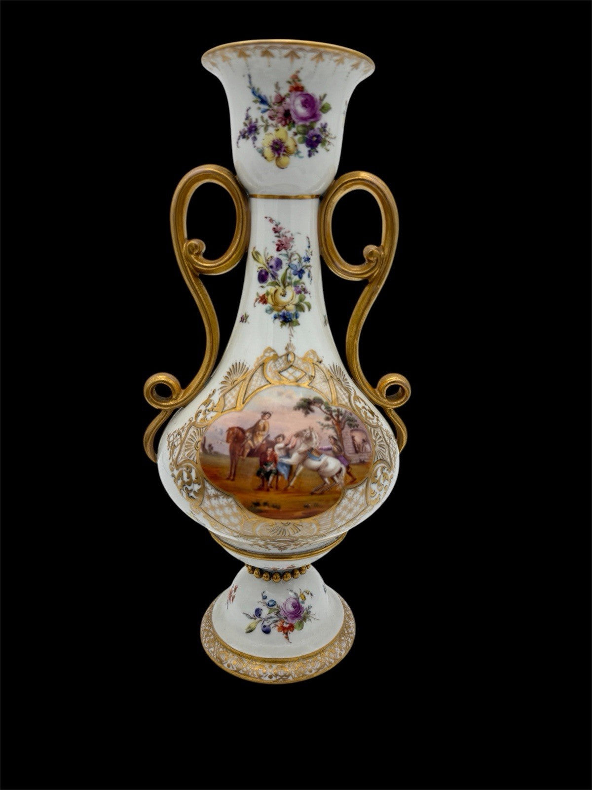 Antique Meissen Porcelain Amphora Double Handle Painted Horses Battle Vase 12”H