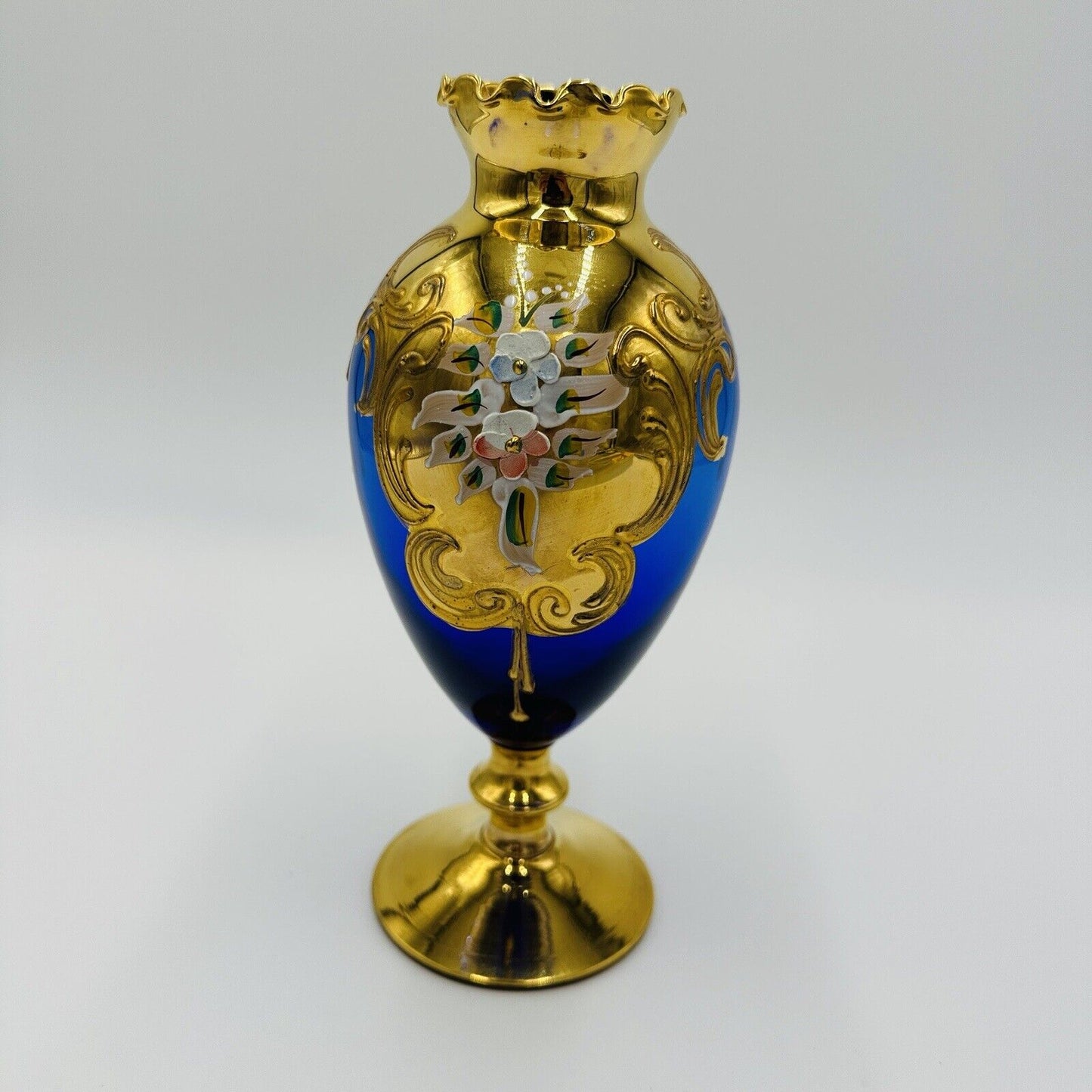 Venetian Italian Vase Cobalt Blue Ruffle Footed Gold Glass Floral Applique