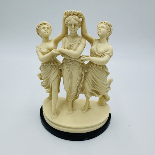 Signed P.A.T Italy Alabaster Three Graces Figurine  Marble Black Base Sculpture