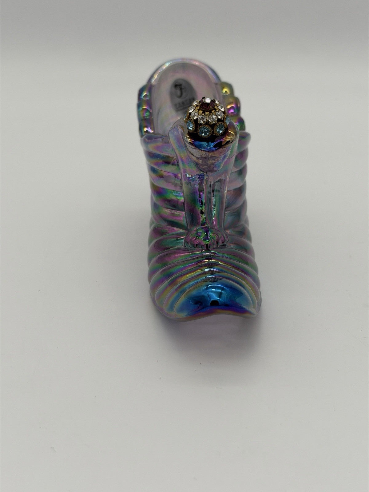 Fenton Carnival Art Glass Amethyst Iridescent Slipper Shoe Cat Head Rhinestone