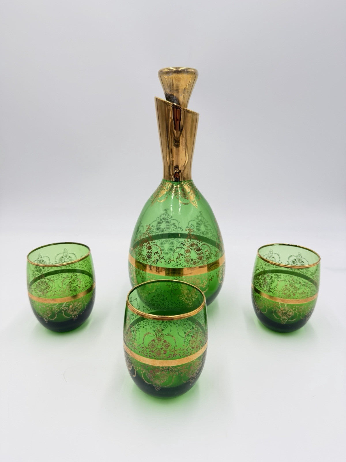 Vintage Murano Art Glass Italy Ferro & Lazzarini Decanter Set Green Emerald 4 Pc