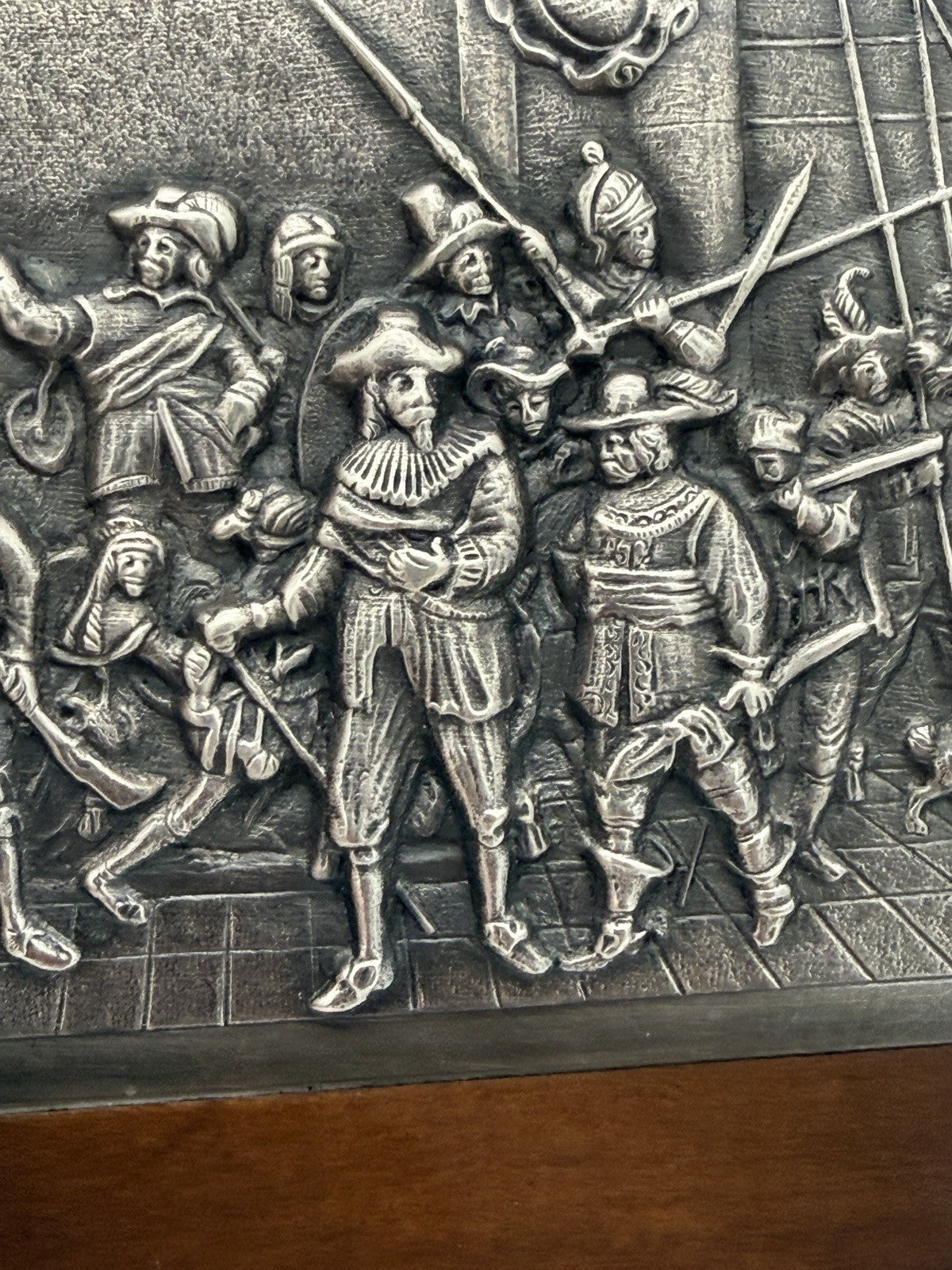 Antique Dutch Silver Mounted Wood Box Keepsake Folk Art Rembrandt’s Night Watch
