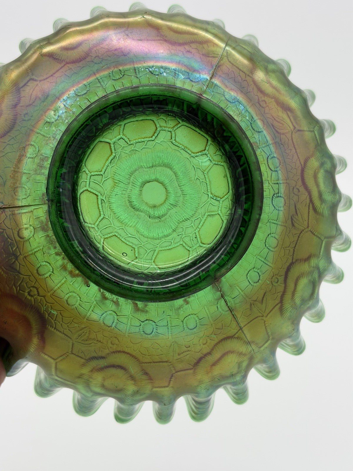 Fenton Art Glass Carnival Green Iridescent Persian Medallion Bowl 2.5”Hx7” Antiq