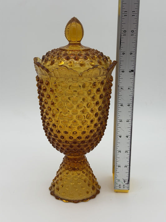 Fenton Art Glass Hobnail Colonial Amber Candy Dish With Lid 11”H Vintage USA