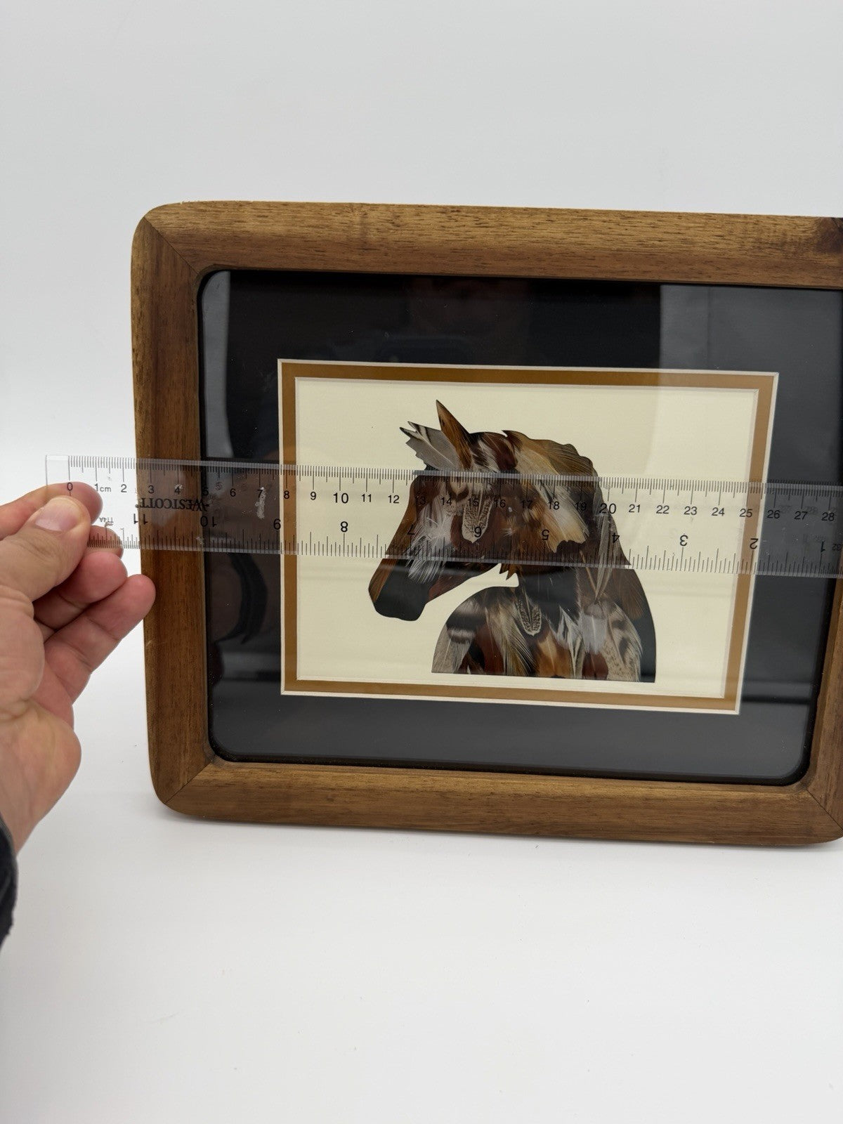 Folk Art Feathers Art Horse Wall Hanging Framed Art Wood Frame 11”x9”