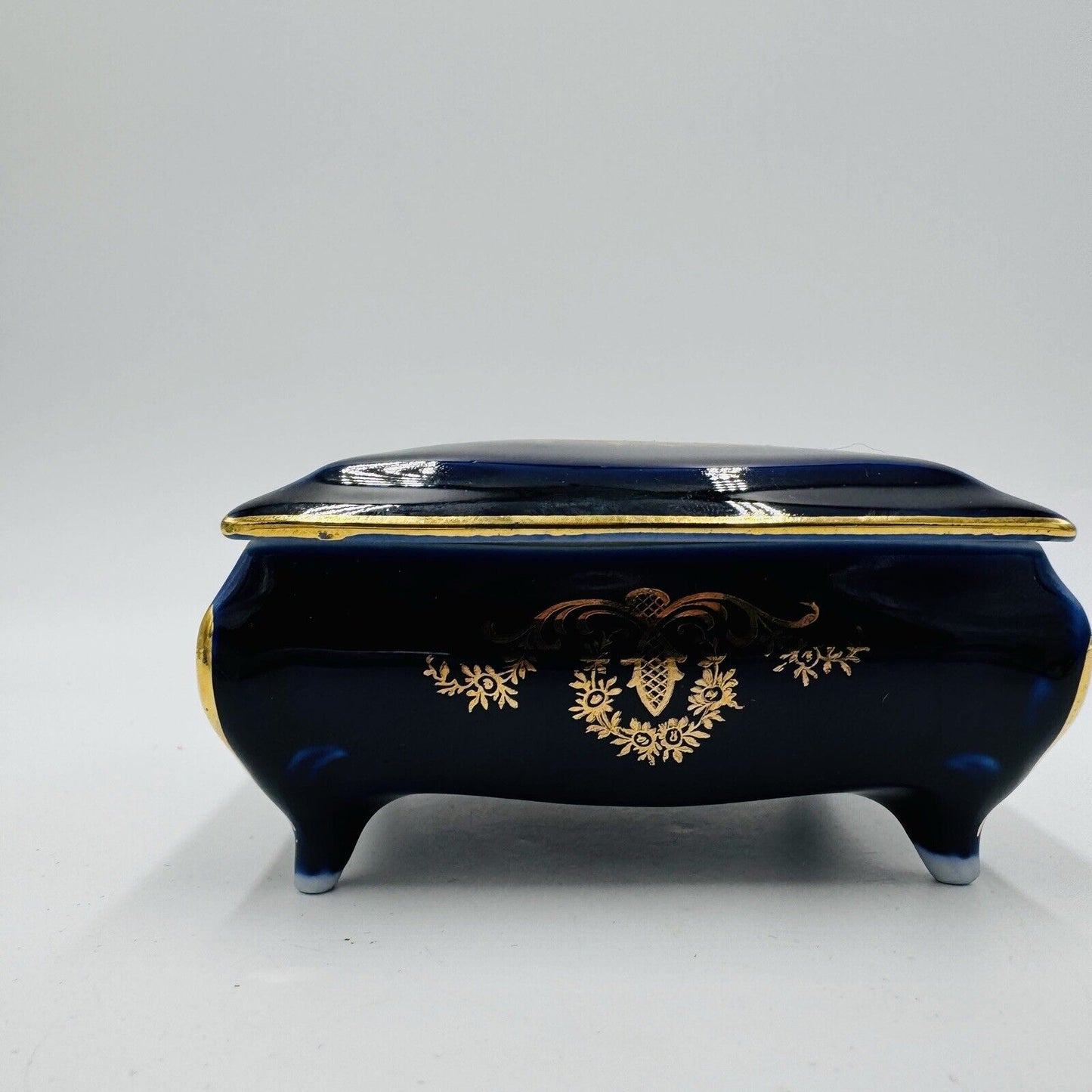 Limoges France Cobalt Blue Gilt Trinket Porcelain Box  Jewelry 2”x 4” Victorian