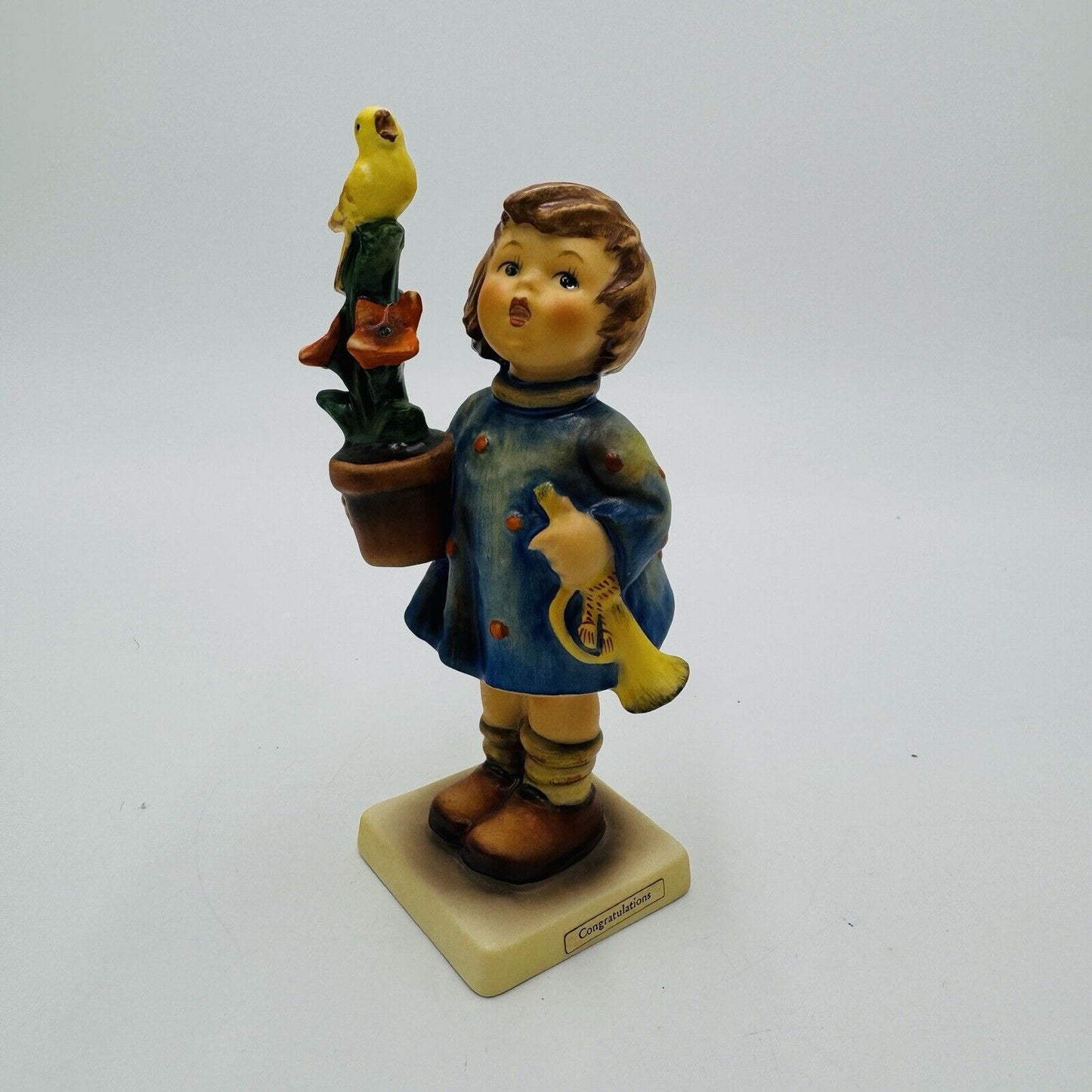 Hummel Goebel Congratulation Figurine Girl with Bird Plant & Horn  #17/0 Vintage