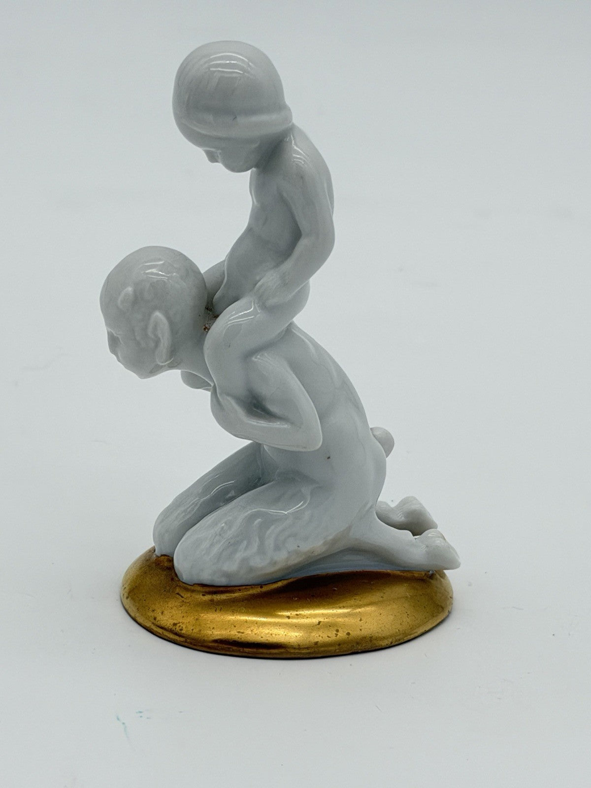 Antique Fraureuth Saxony Art Nouveau Germany Faun & Baby White/Gold Figurine 3.5
