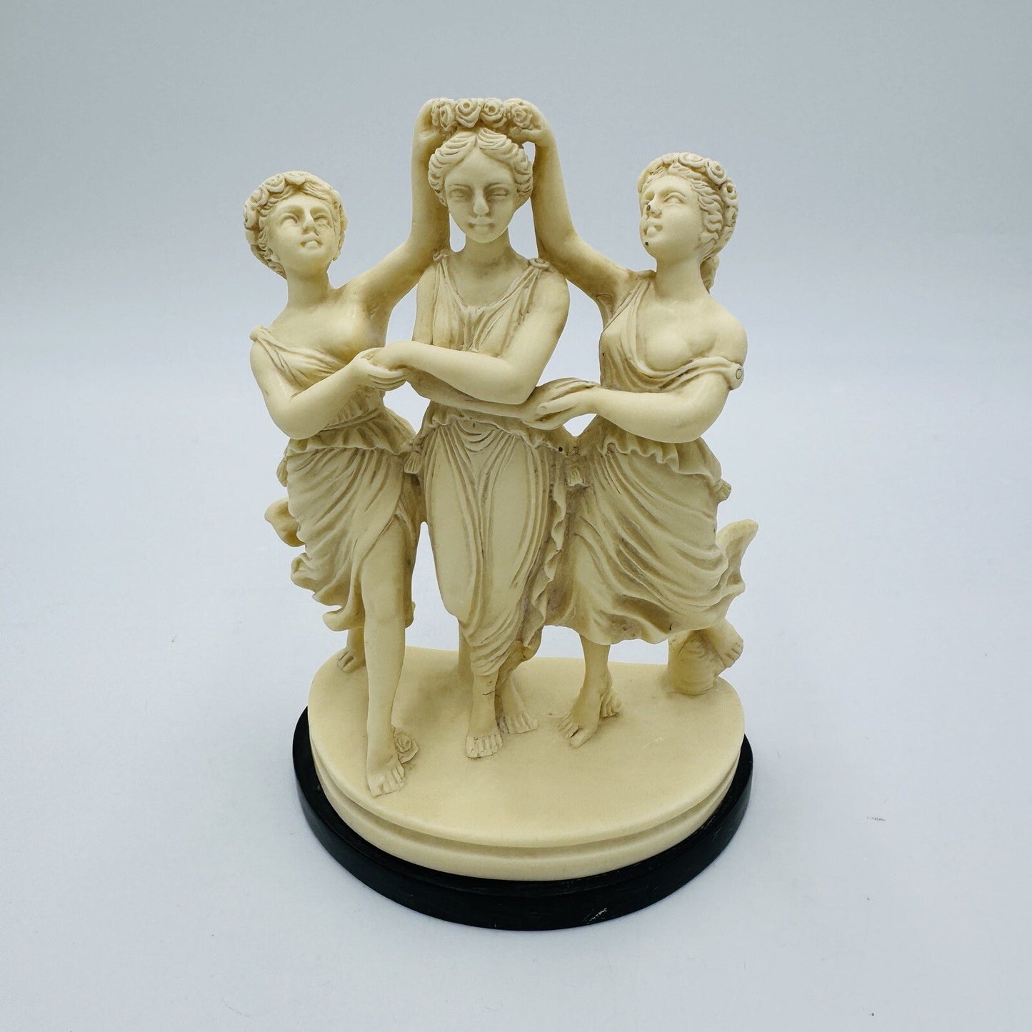 Signed P.A.T Italy Alabaster Three Graces Figurine  Marble Black Base Sculpture