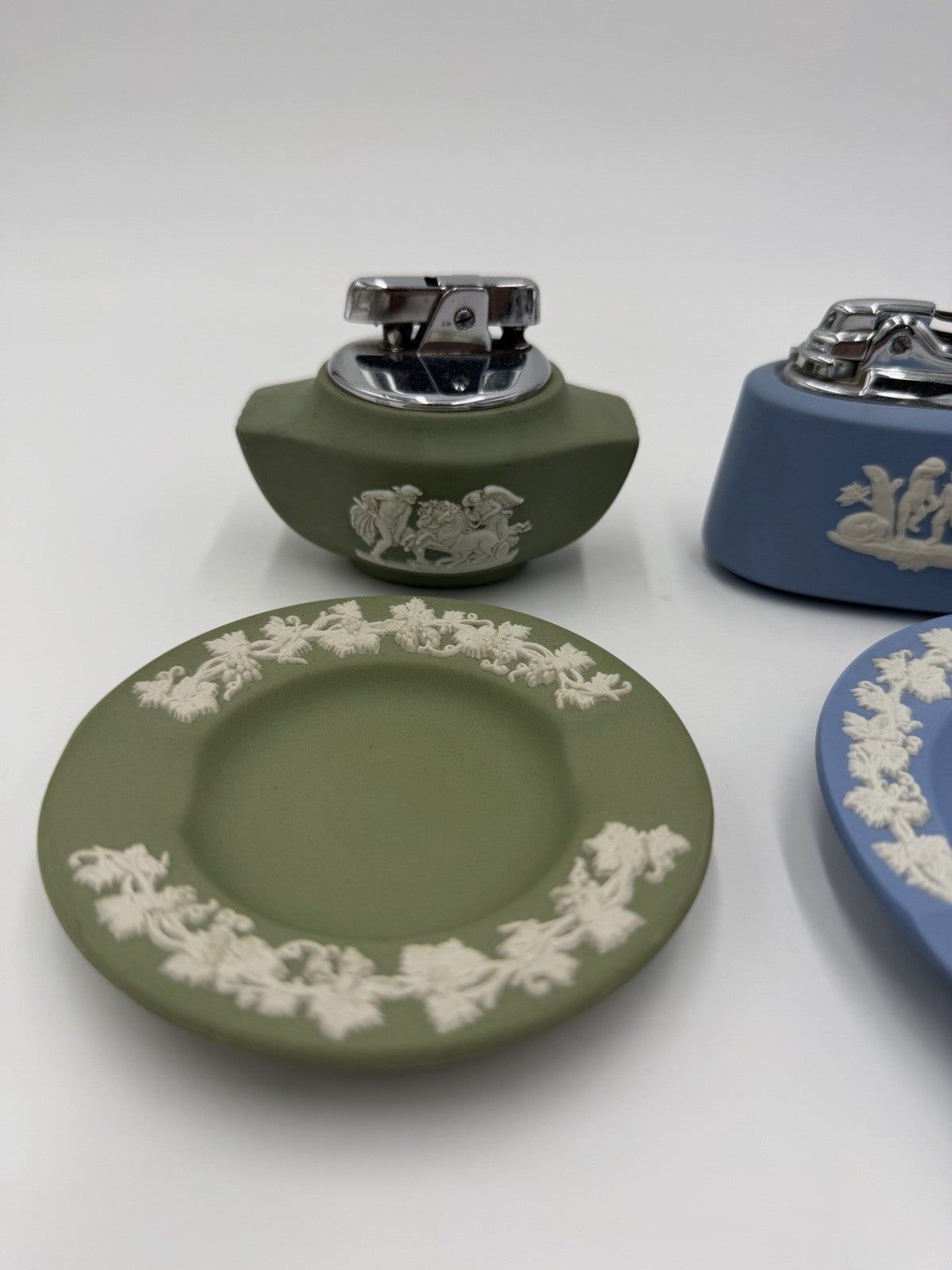 Wedgwood Jasperware Green &blue Lighters Ashtray Set 4 PCs England Porcelain