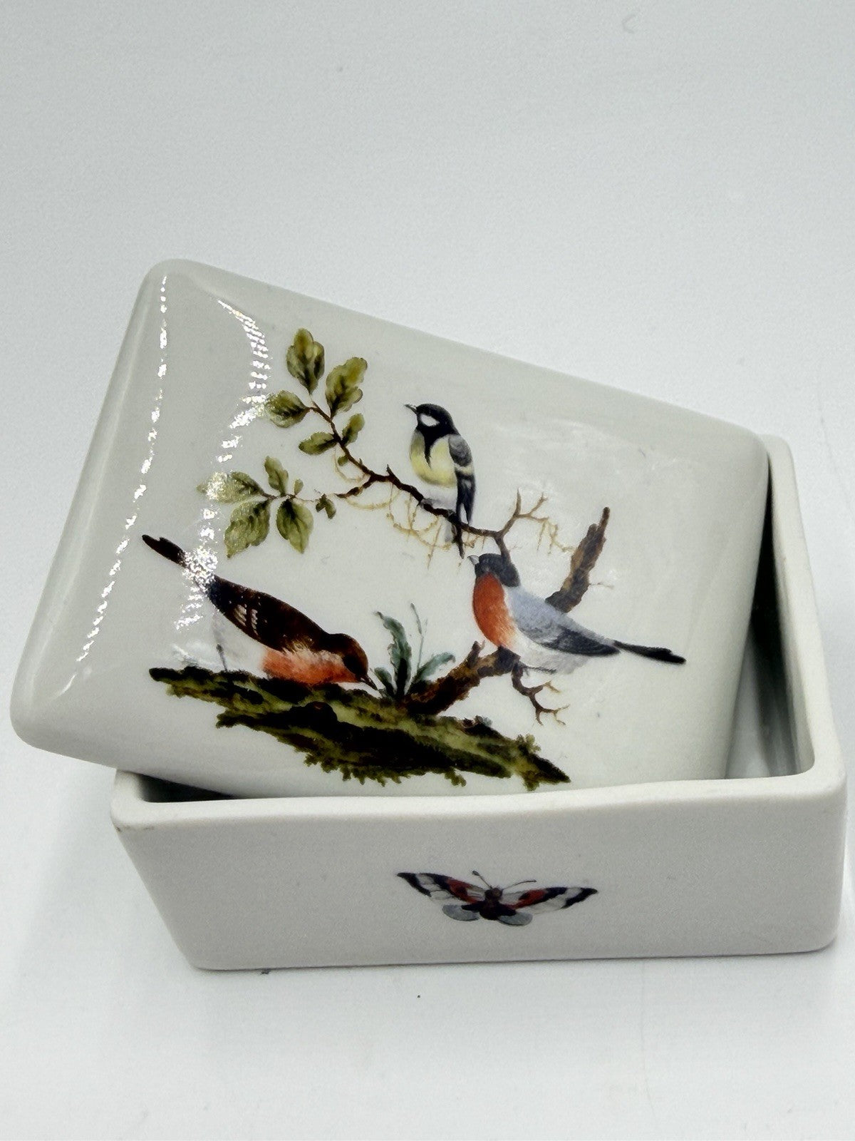 Vtg Limoges France Porcelain Birds Bugs  Botanical Trinket Box 1.5”x3.5”x2.5”
