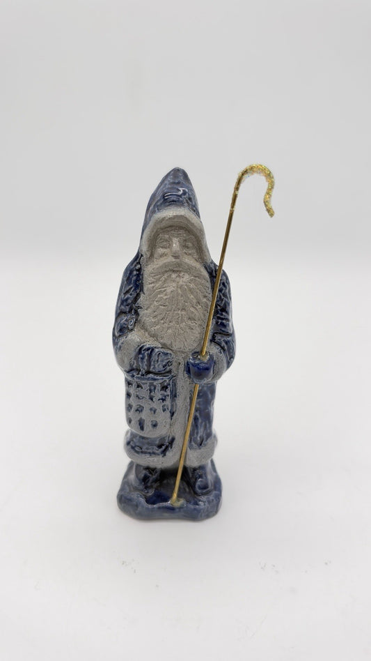 Rowe Pottery Works Santa Blue Salt Glaze W/ Gold Glitter Staff 5” Figurine Rare
